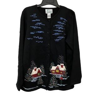 Quacker Factory Winter Christmas Embellished Cabin Scene Cardigan Black Sweater